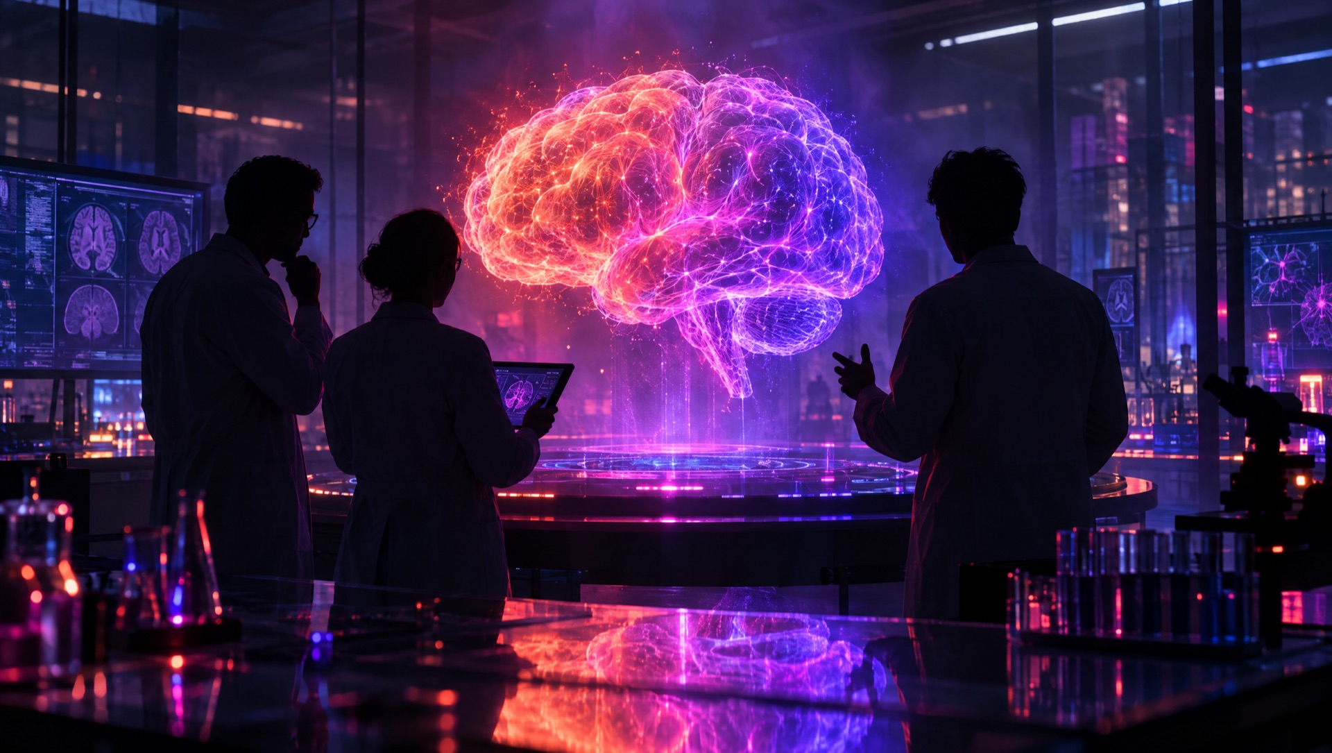 Researchers and clinicians gathered around a glowing table of data