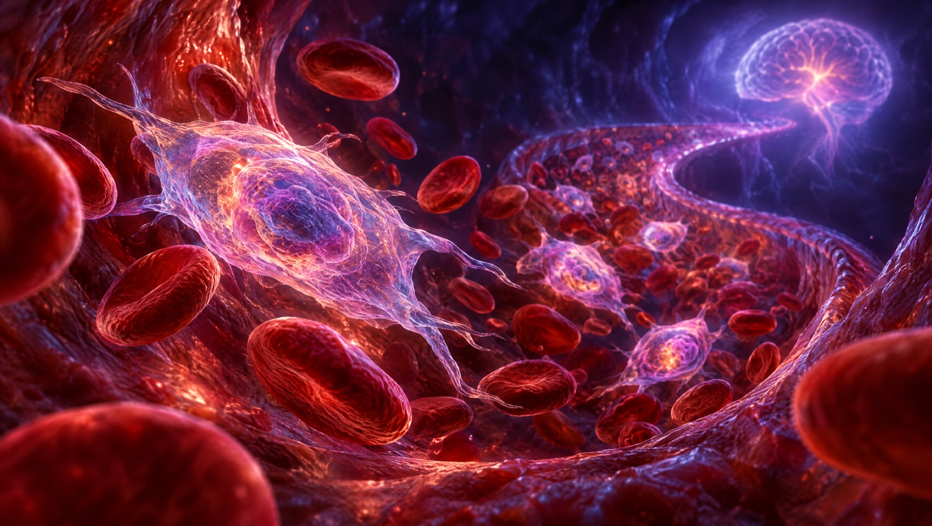 Stem cells flowing through a luminous blood vessel