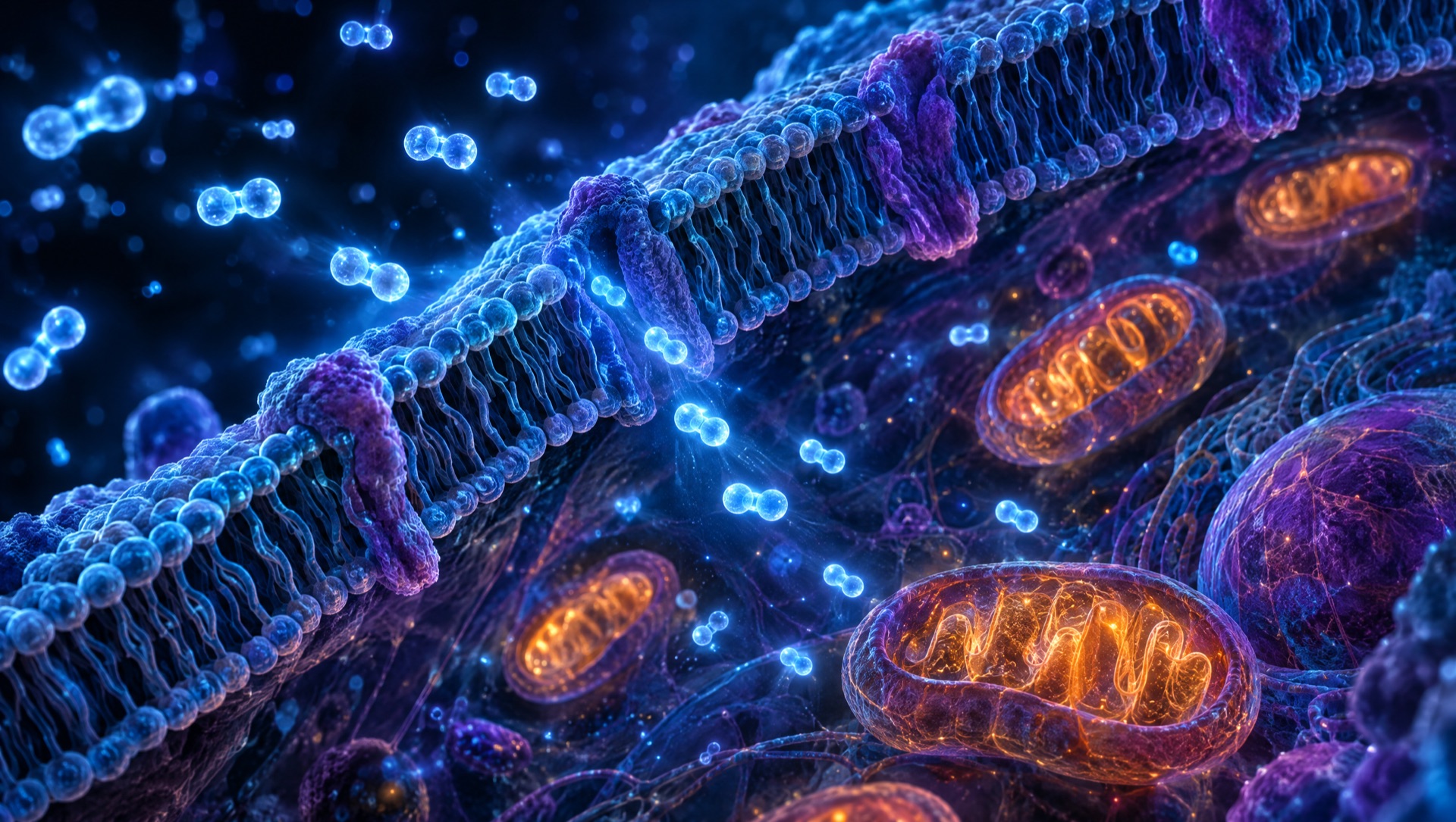 Hydrogen molecules passing through a translucent cell membrane