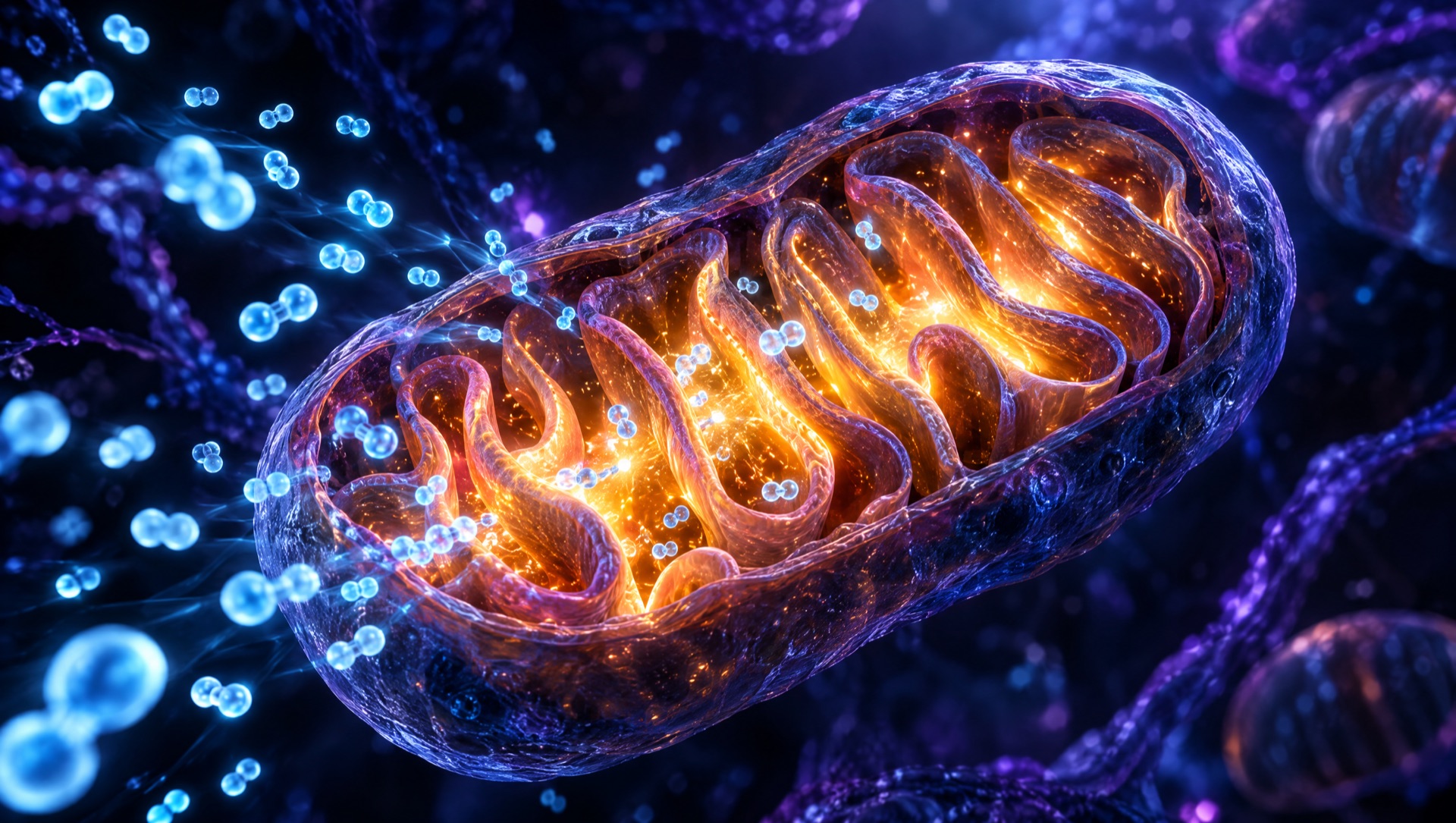 Glowing mitochondria inside a cell