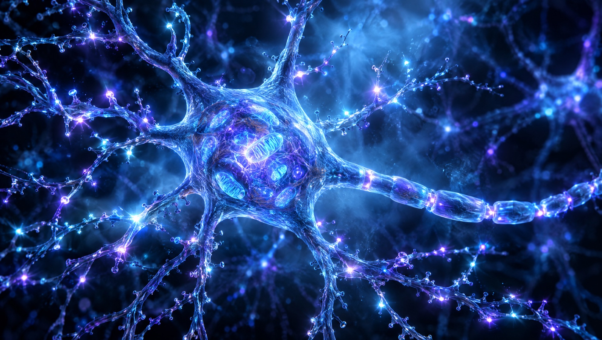 A luminous neuron bathed in cool blue light